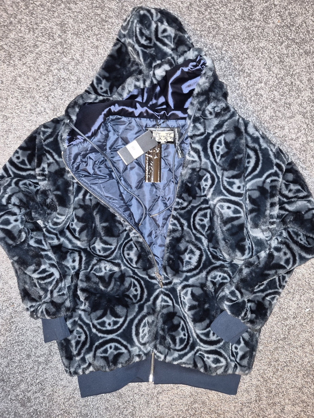 Plush Hooded Teddy Jacket in Charcoal Navy